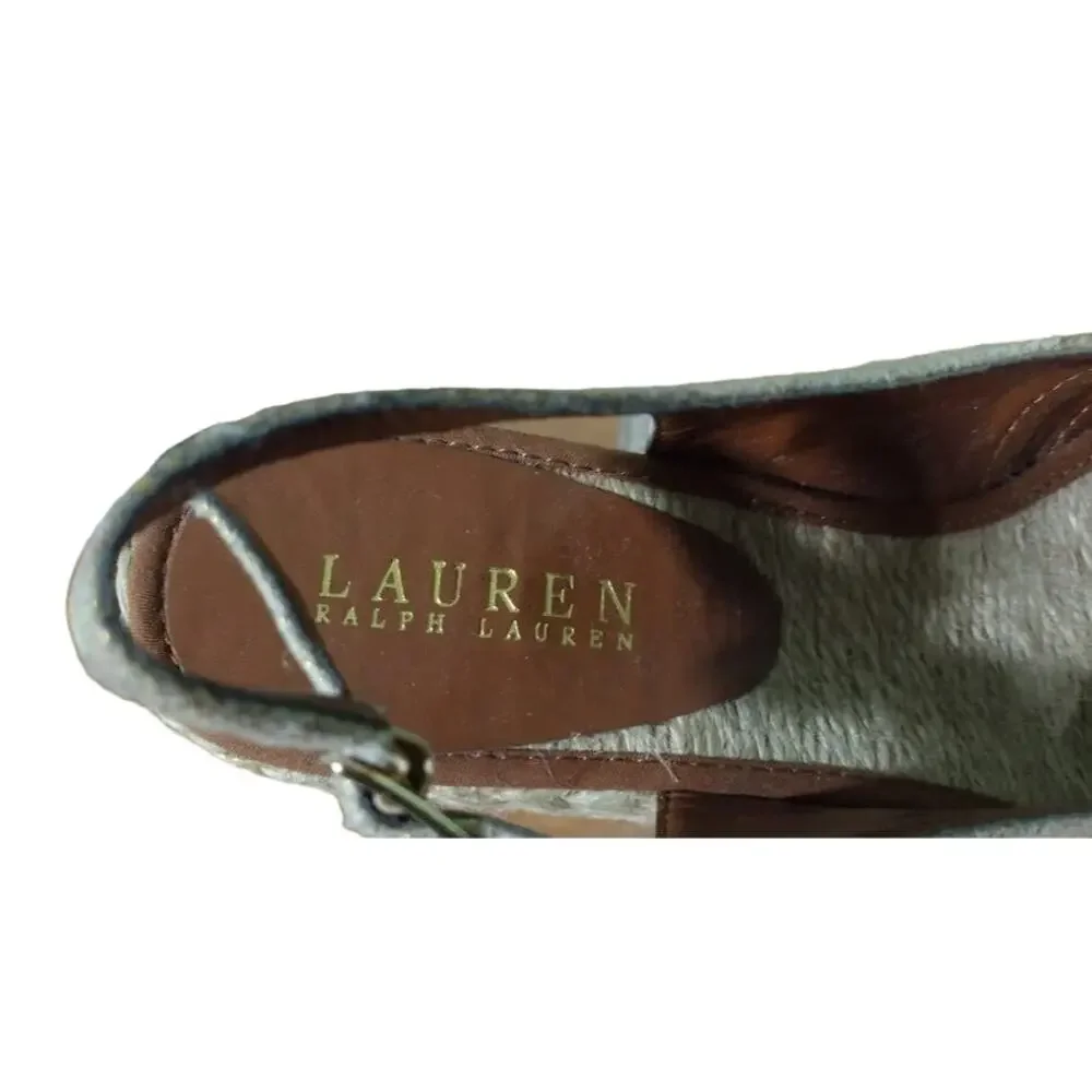 Lauren Ralph Lauren Espadrille‎ Sandals with Wedge Heels, Brown, Tan, Gold, Sz 9